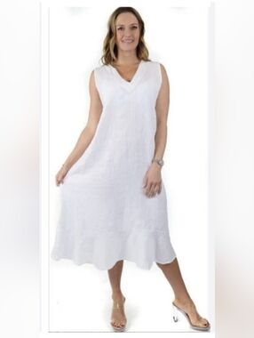 Francesca Bettini Sleeveless White Linen V-Neck Linen Maxi Dress Medium